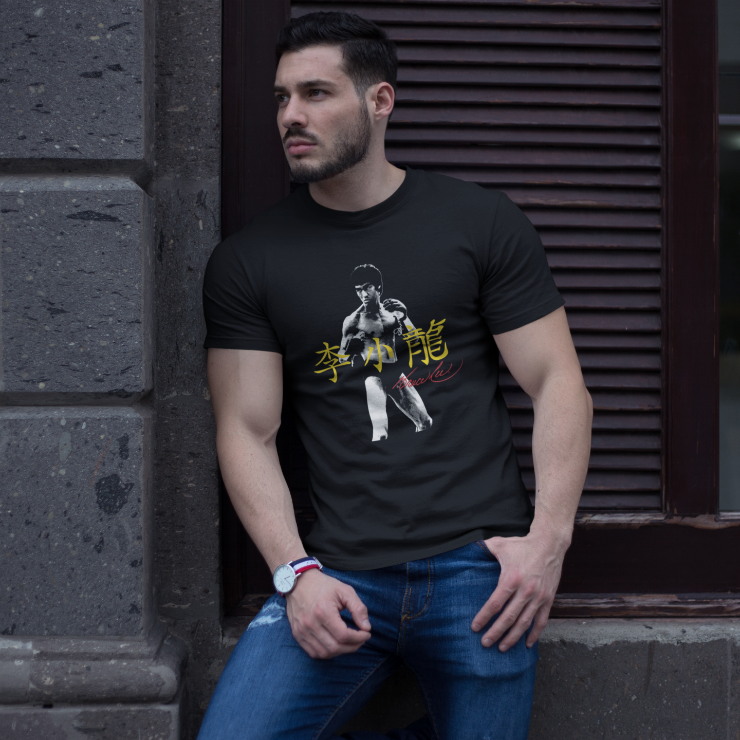 Man wearing Bruce Lee JKD Gloves T-Shirt in black with graphic design