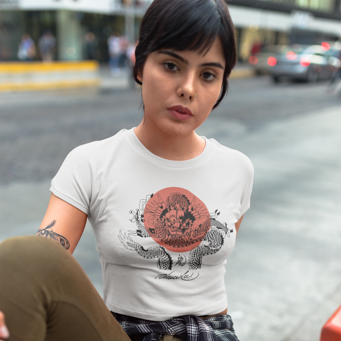 Woman in Loong Dragon Sun T-Shirt - White featuring a Bruce Lee inspired graphic design