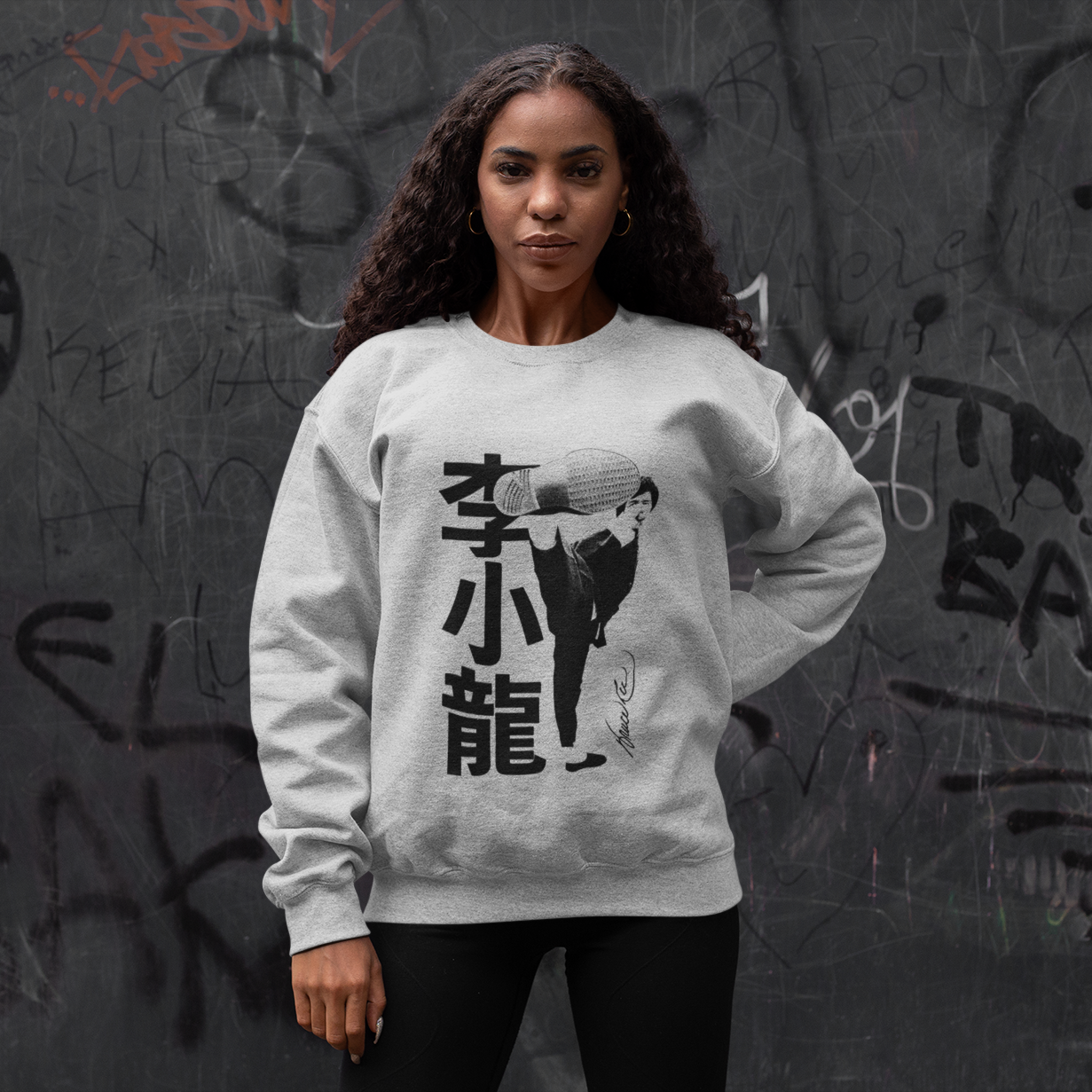 White sweatshirt with Bruce Lee graphic and Chinese characters, Bruce Lee Kick Signature style