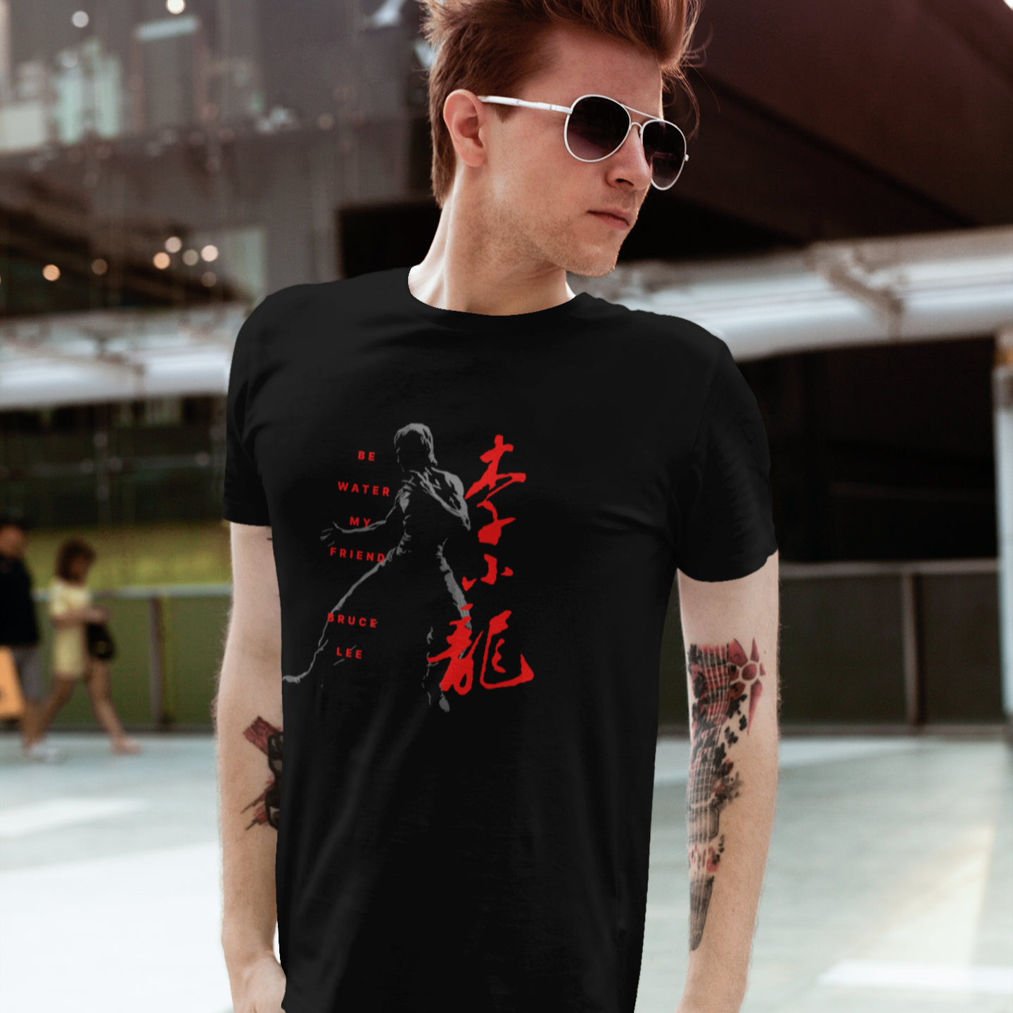 Black Little Dragon T-Shirt in organic cotton with martial arts graphic and Chinese characters