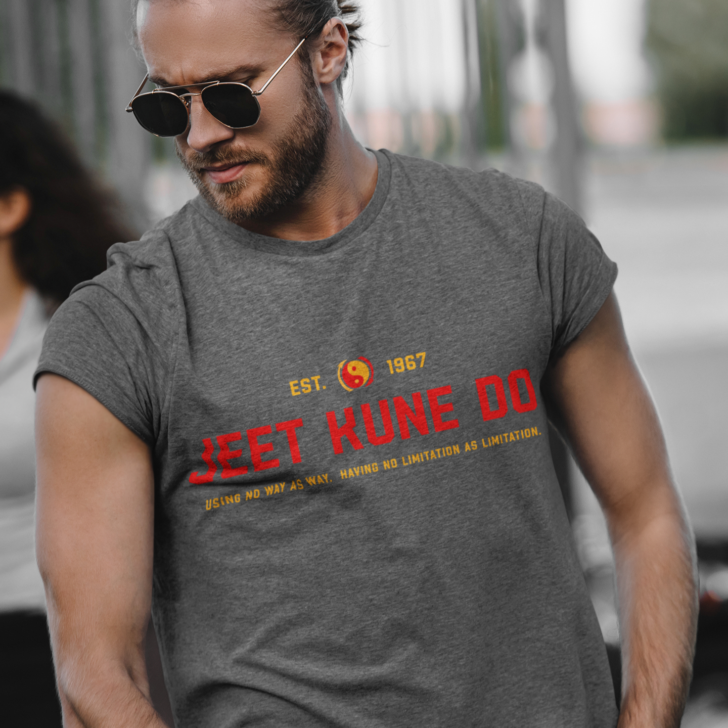 Gray Jun Fan Gong Gym T-Shirt featuring red text Just Kung Fu and smaller details