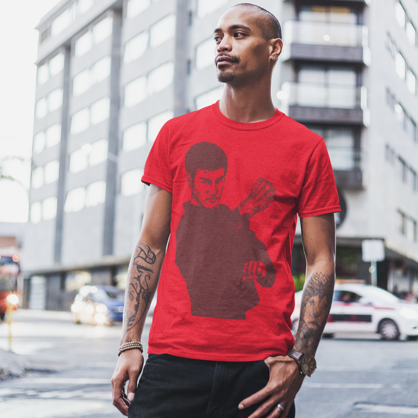 Red Bruce Lee Successful Warrior T-Shirt featuring a graphic portrait of Bruce Lee