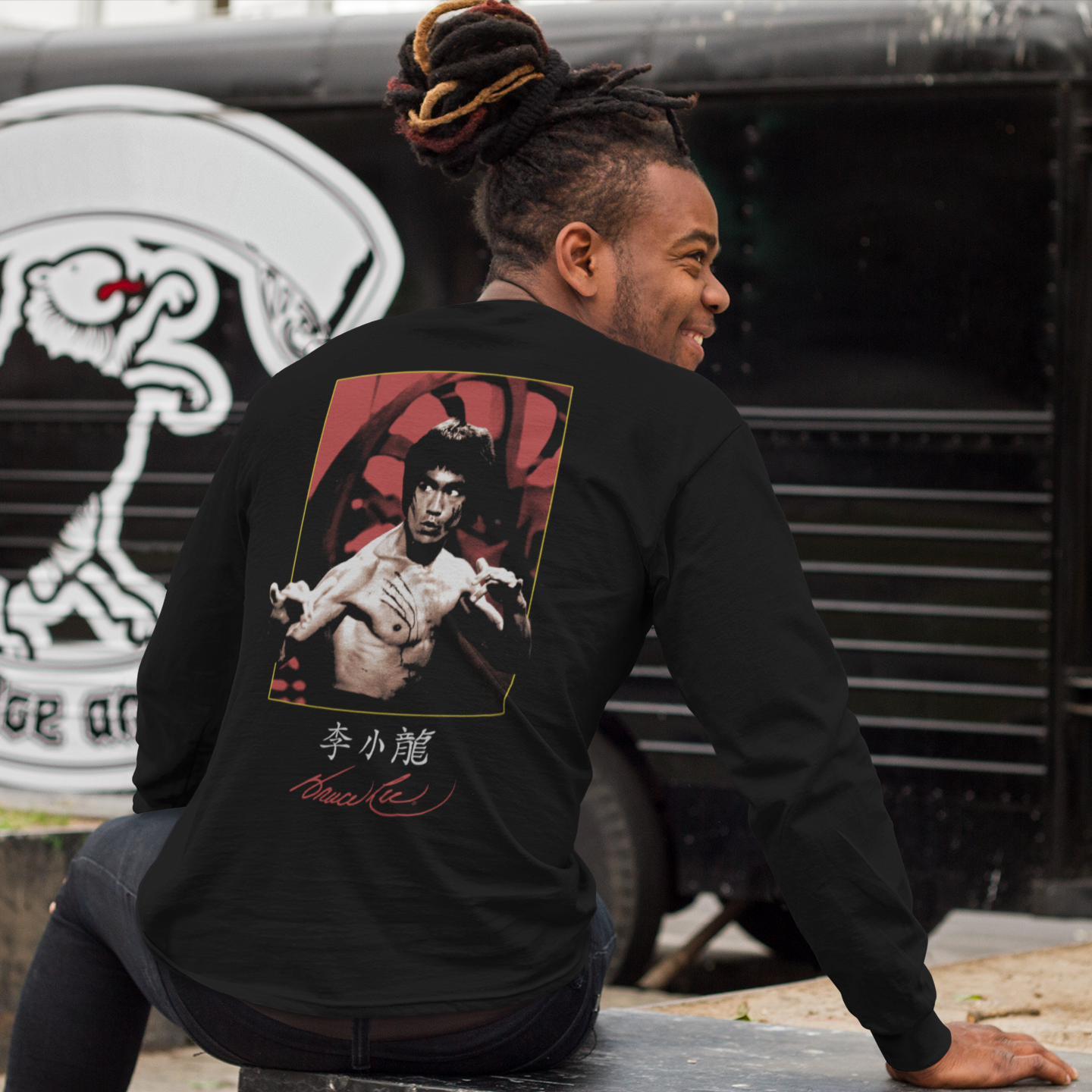 Black long sleeve shirt featuring Bruce Lee image on the back