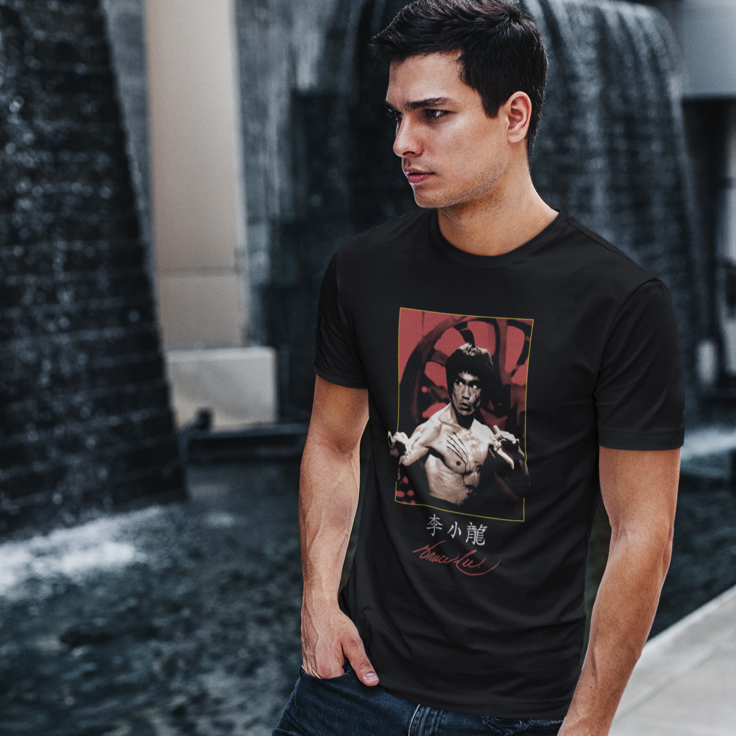 Black Bruce Lee Signature Scratches T-Shirt featuring a graphic print of Bruce Lee fighting