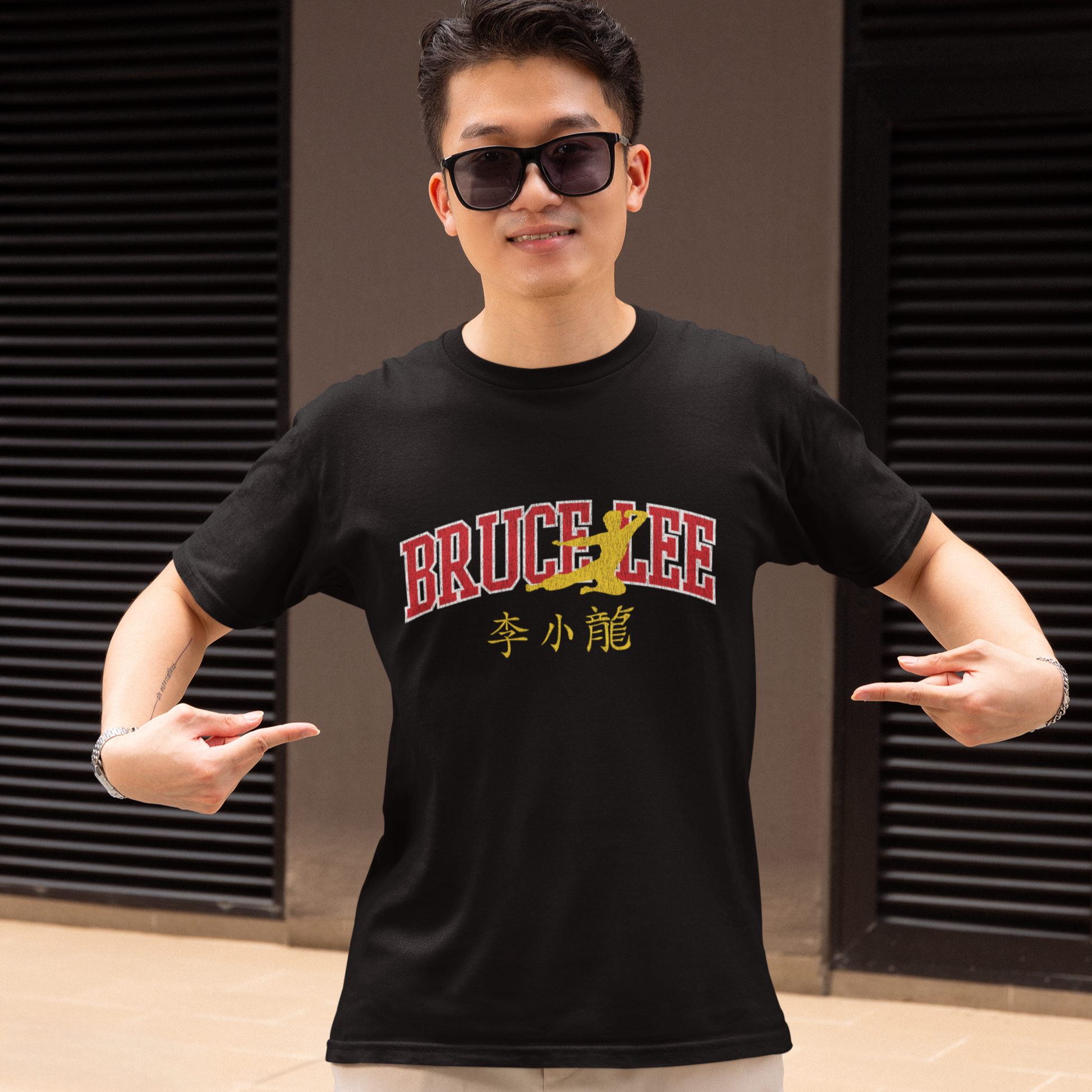 Black Bruce Lee Varsity Flying Man T-Shirt with Chinese characters for stylish fans