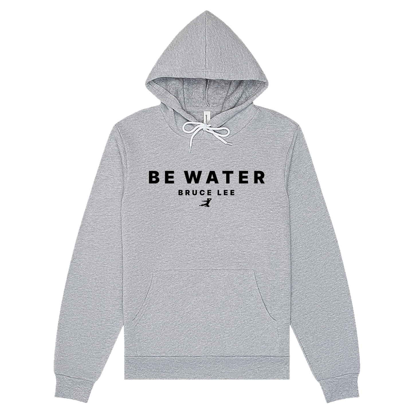 Light gray water athletic hoodie featuring BE WATER BRUCE LEE design on front