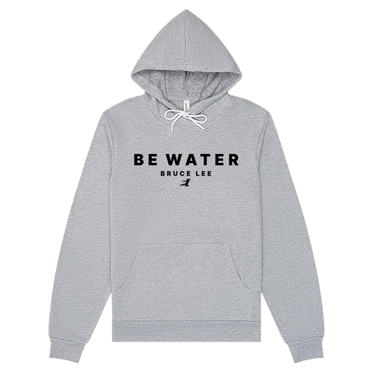 Light gray water athletic hoodie featuring BE WATER BRUCE LEE design on front