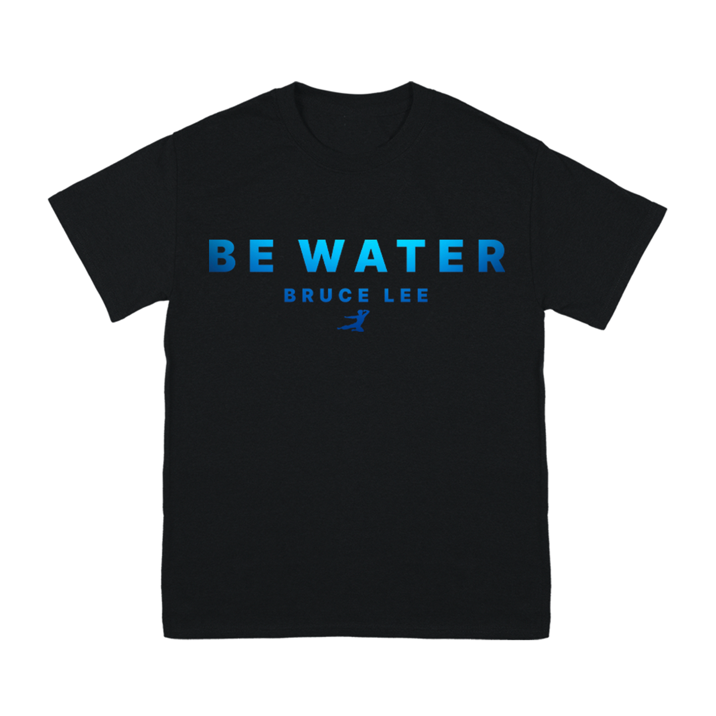 Black Be Water Gradient T-Shirt featuring blue text reading Bruce Lee on the back