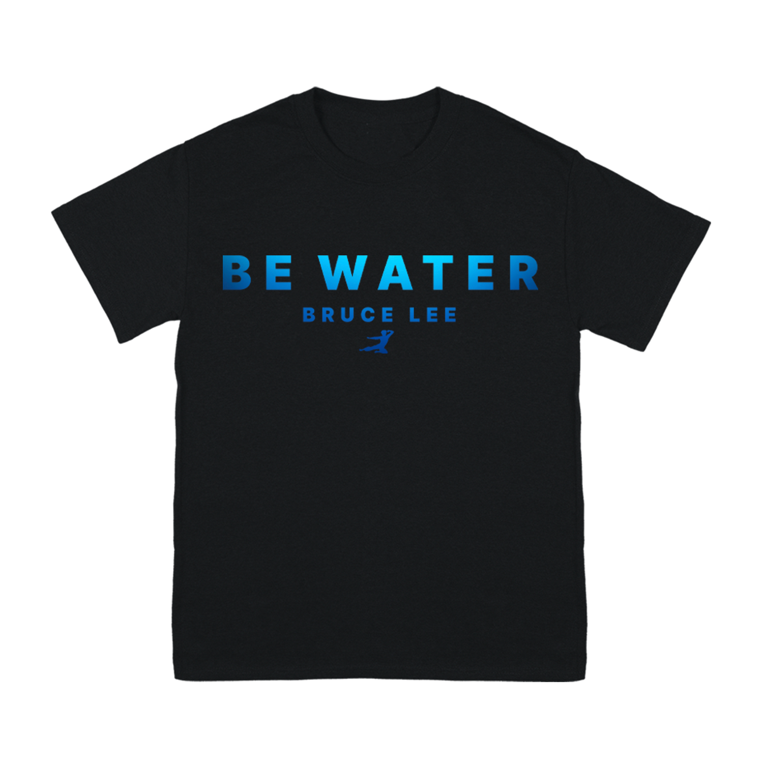 Black Be Water Gradient T-Shirt featuring blue text reading Bruce Lee on the back