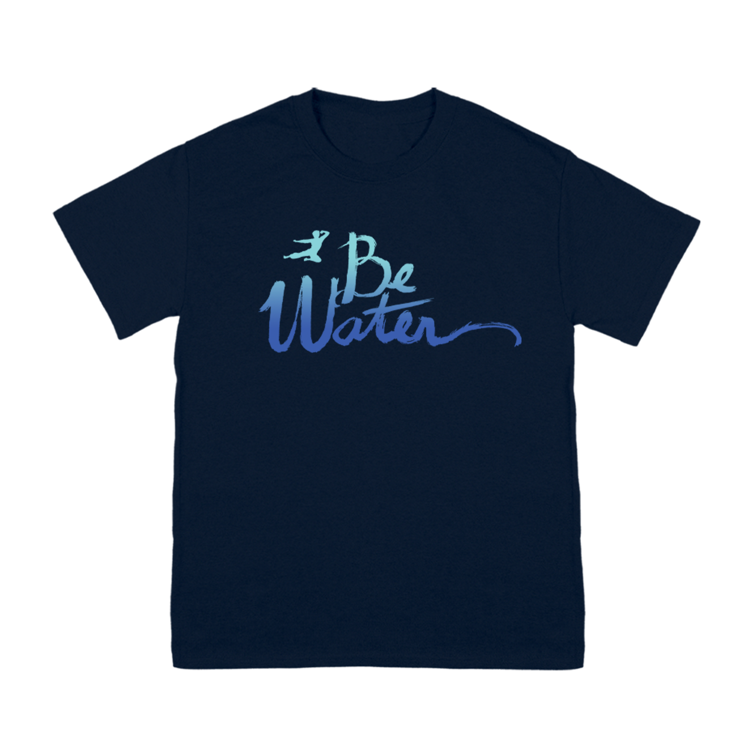 Navy blue Be Water Gradient Script T-Shirt featuring light blue and white cursive text