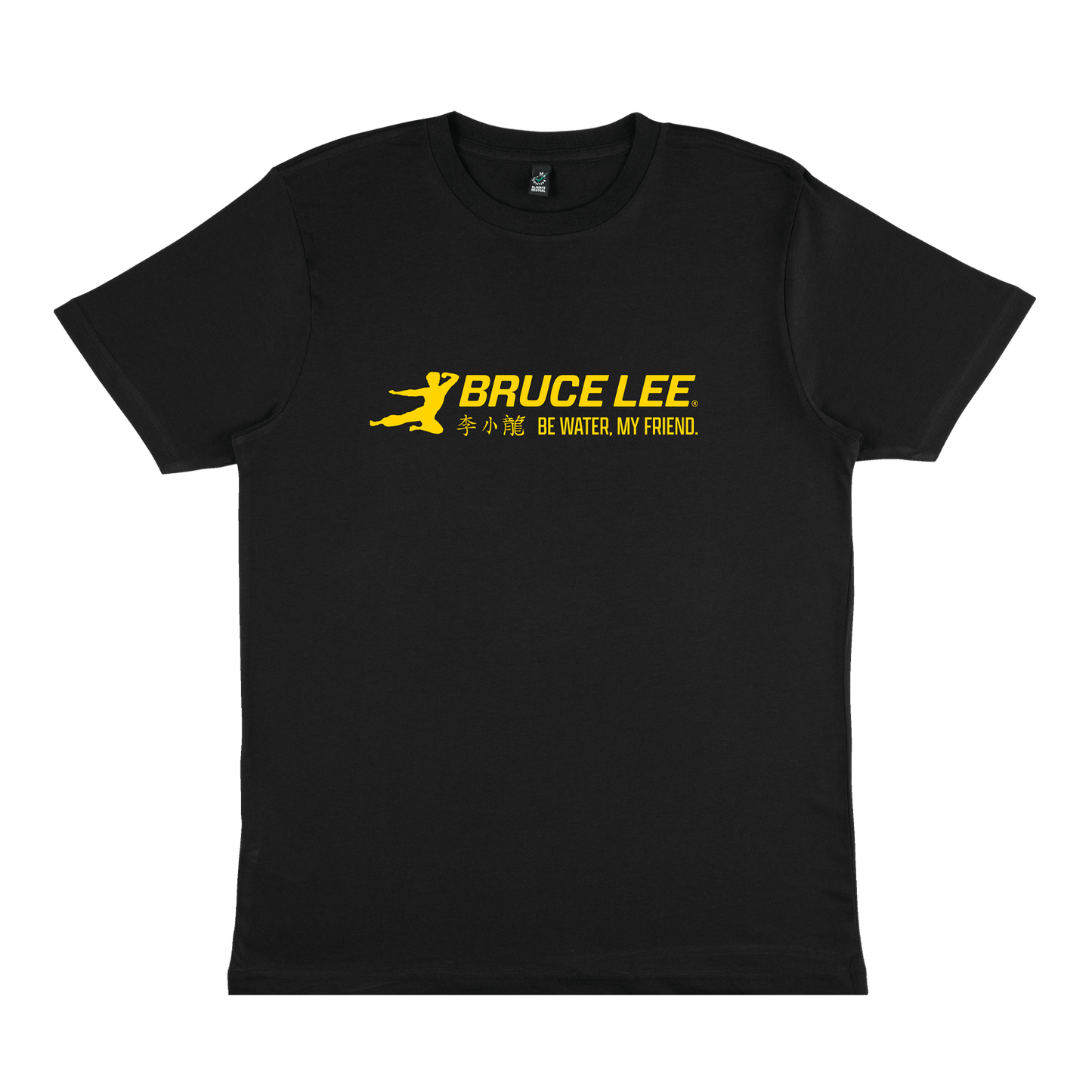 Black T-shirt featuring Bruce Lee friend logo and yellow graphic design