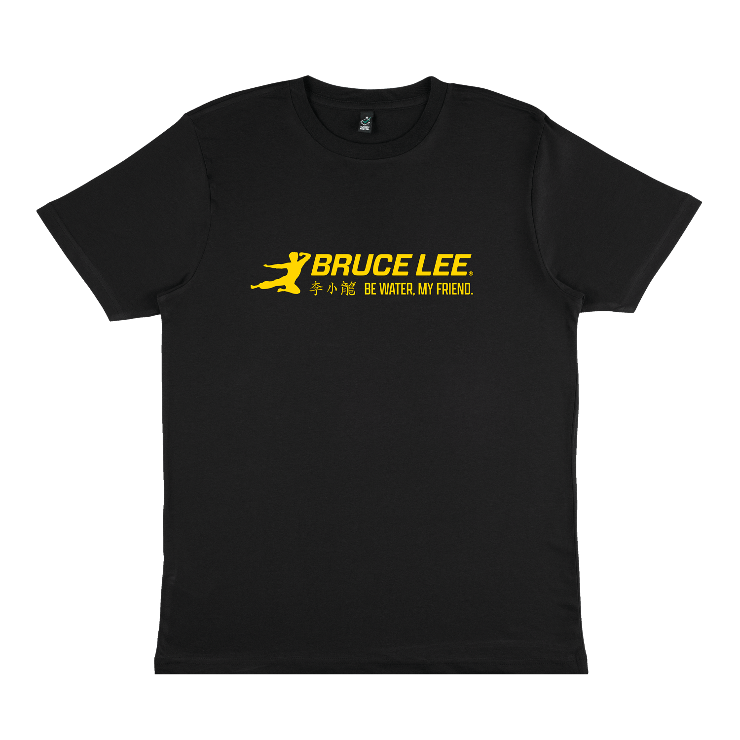 Black T-shirt featuring Bruce Lee friend logo and yellow graphic design