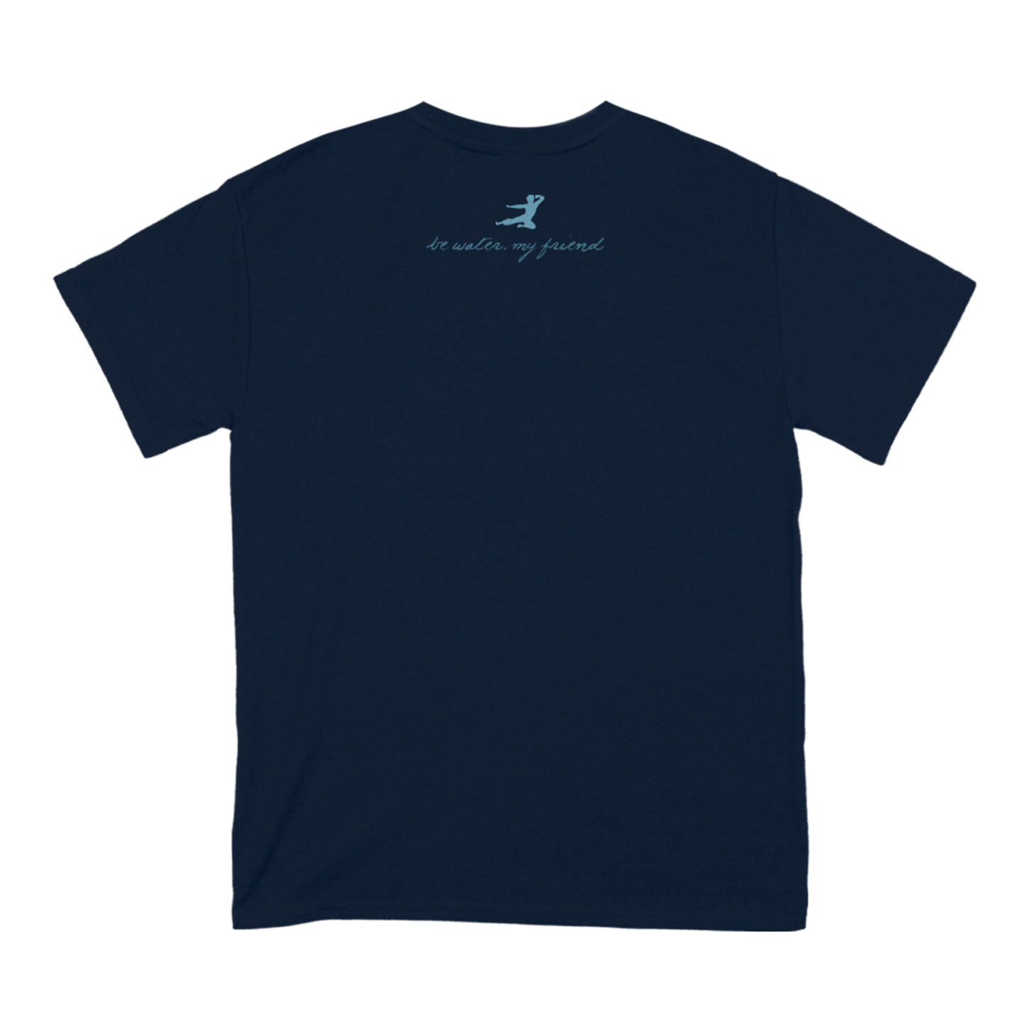 Navy Blue Be Water Painted Flying Man T-Shirt featuring small logo on upper back