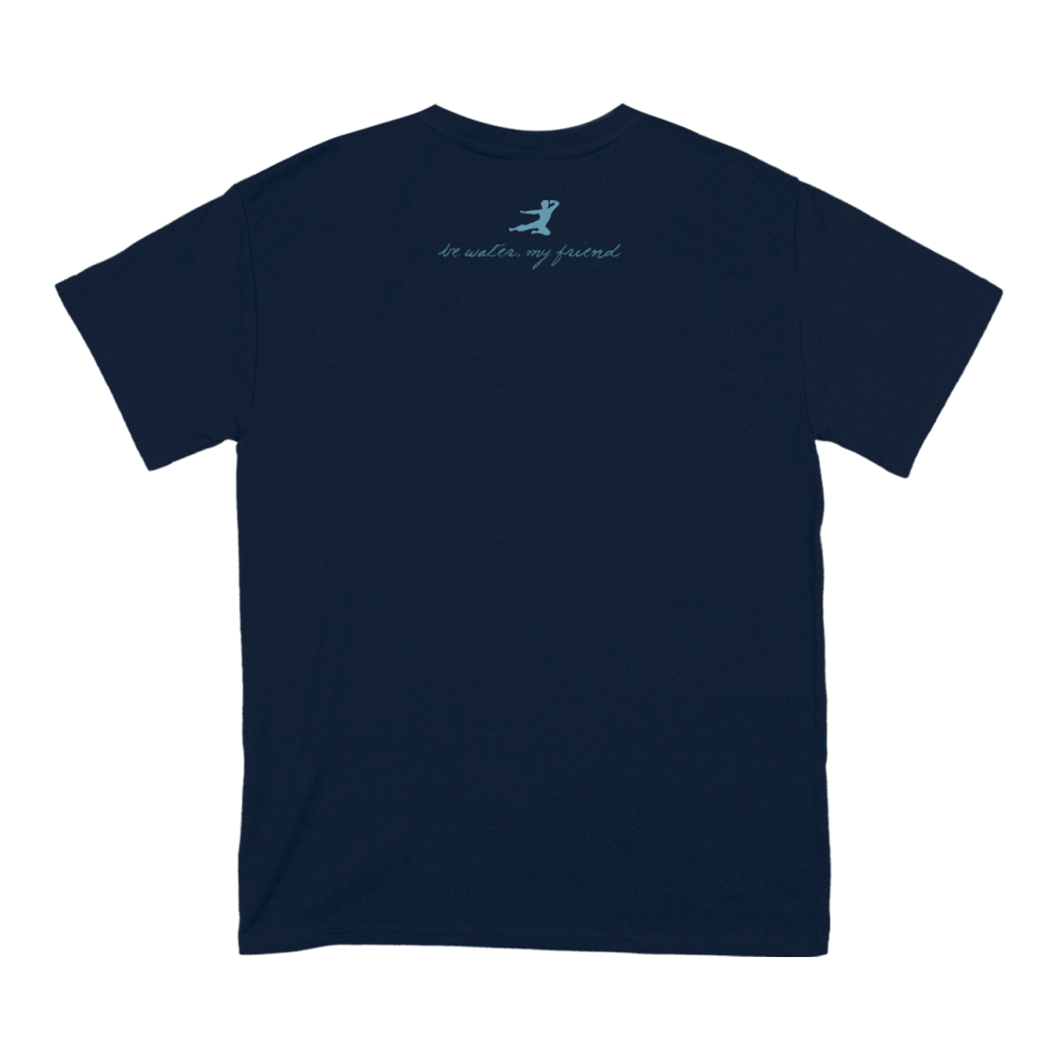 Navy Blue Be Water Painted Flying Man T-Shirt featuring small logo on upper back