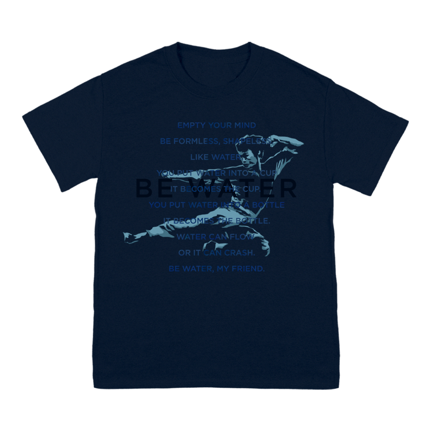 Navy blue Be Water Painted Flying Man T-Shirt with baseball player graphic design