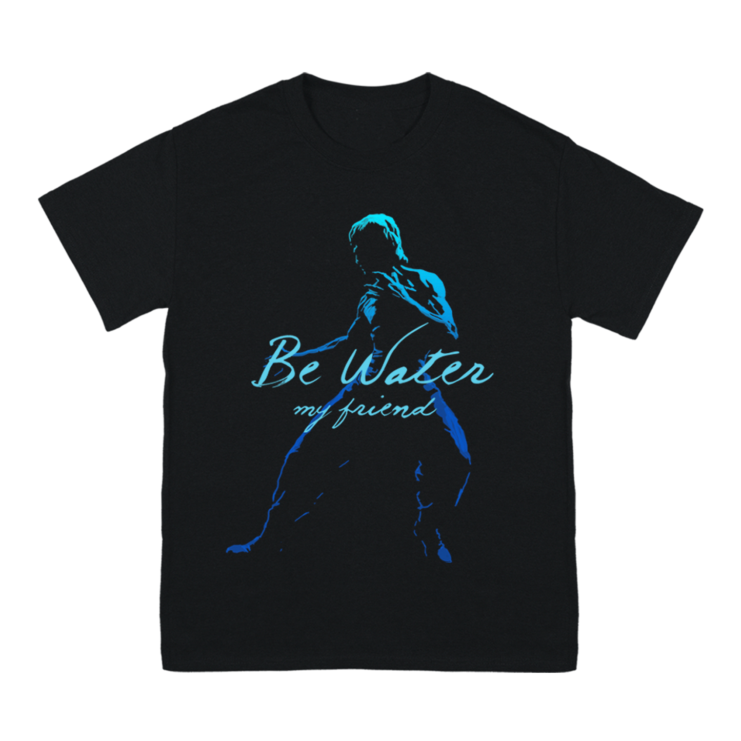 Black Be Water Pose T-Shirt featuring a blue silhouette inspired by Bruce Lee