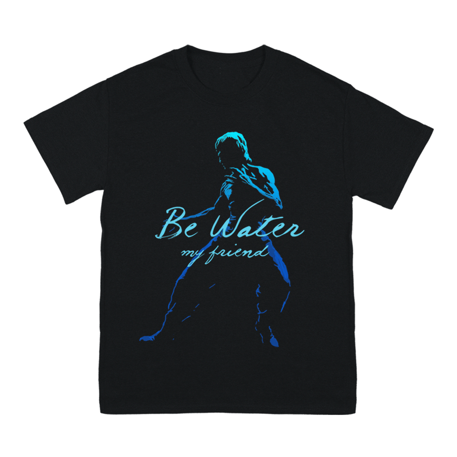 Black Be Water Pose T-Shirt featuring a blue silhouette inspired by Bruce Lee