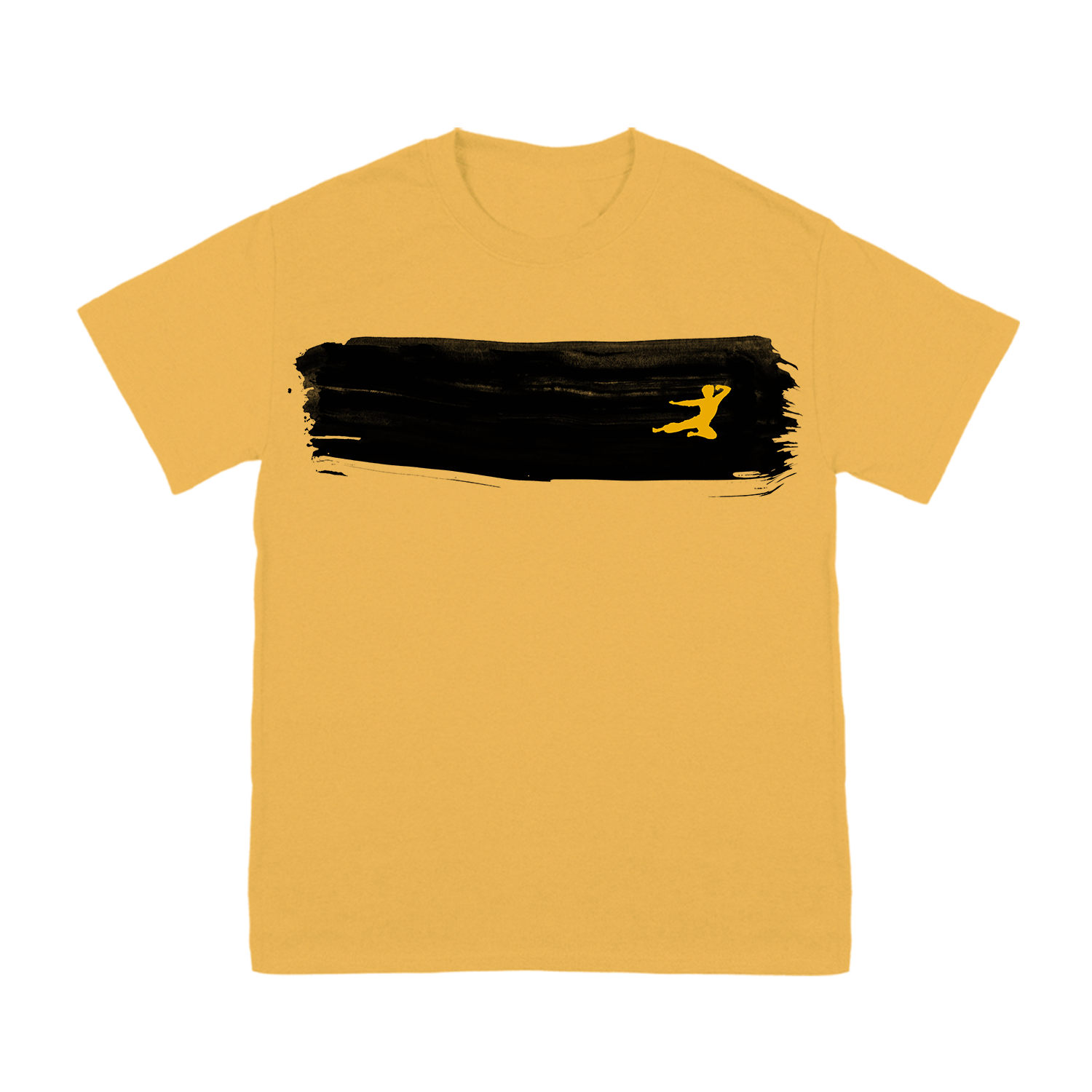 Yellow Black Brushstroke T-Shirt featuring black stripe and small gold figure design