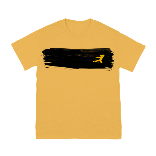 Yellow Black Brushstroke T-Shirt featuring black stripe and small gold figure design