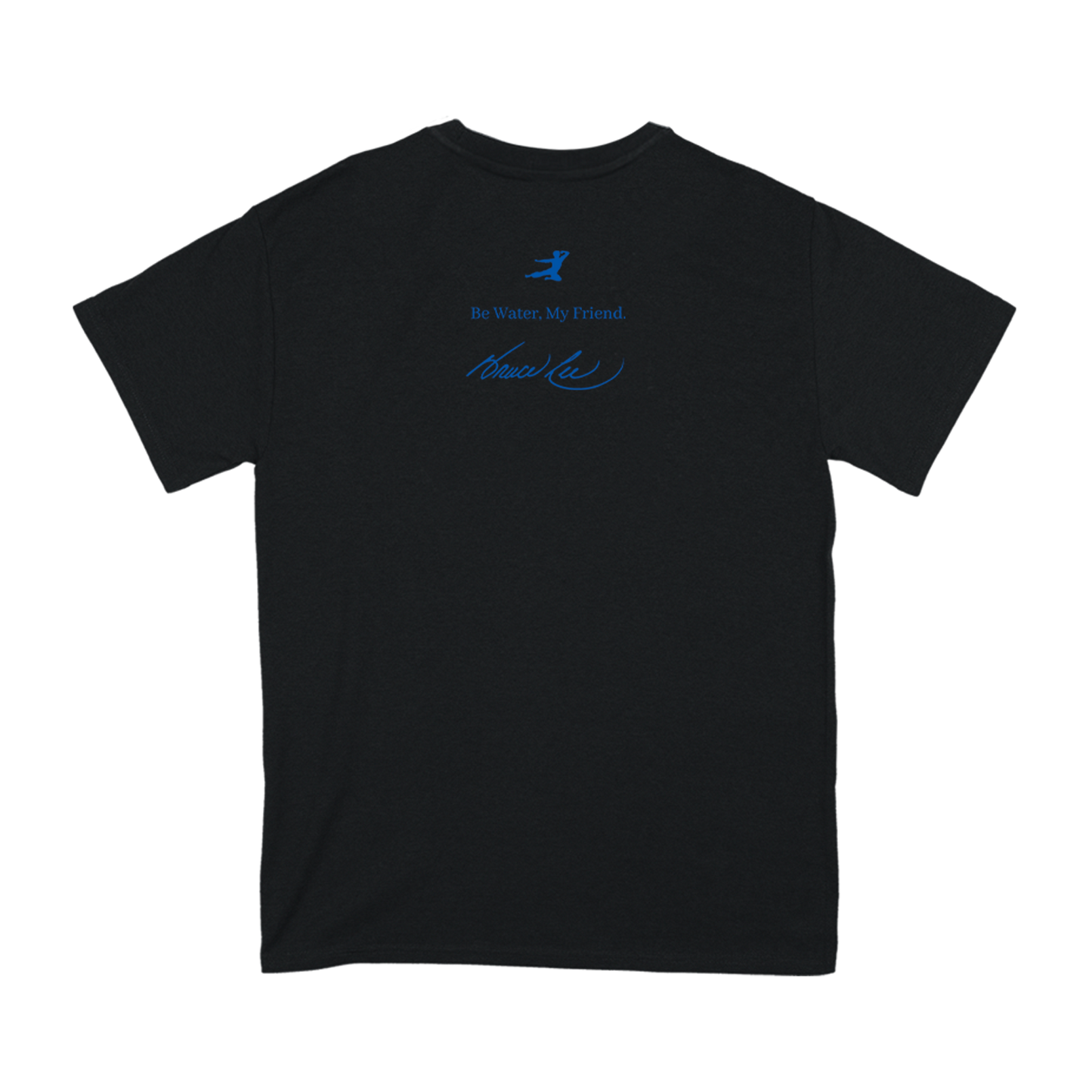 Black Bruce Lee iconic signature t-shirt featuring blue text and logo on back