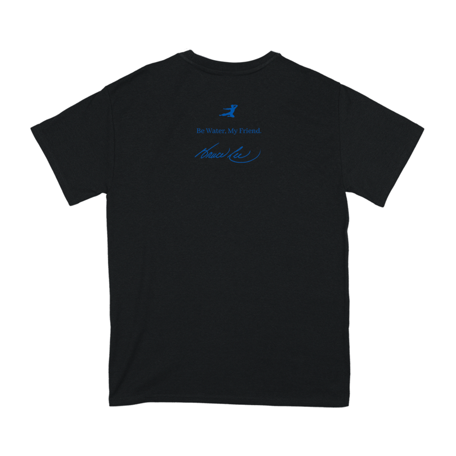 Black Bruce Lee iconic signature t-shirt featuring blue text and logo on back