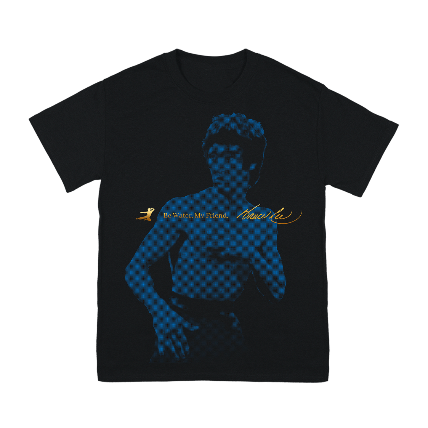 Black Bruce Lee Iconic Signature T-Shirt featuring blue-tinted Bruce Lee image