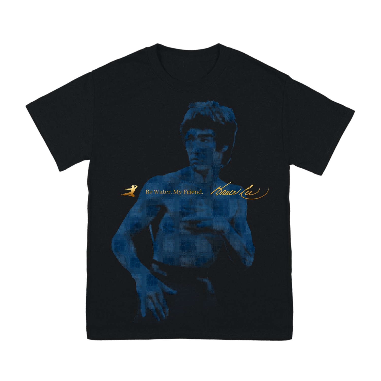 Black Bruce Lee Iconic Signature T-Shirt featuring blue-tinted Bruce Lee image