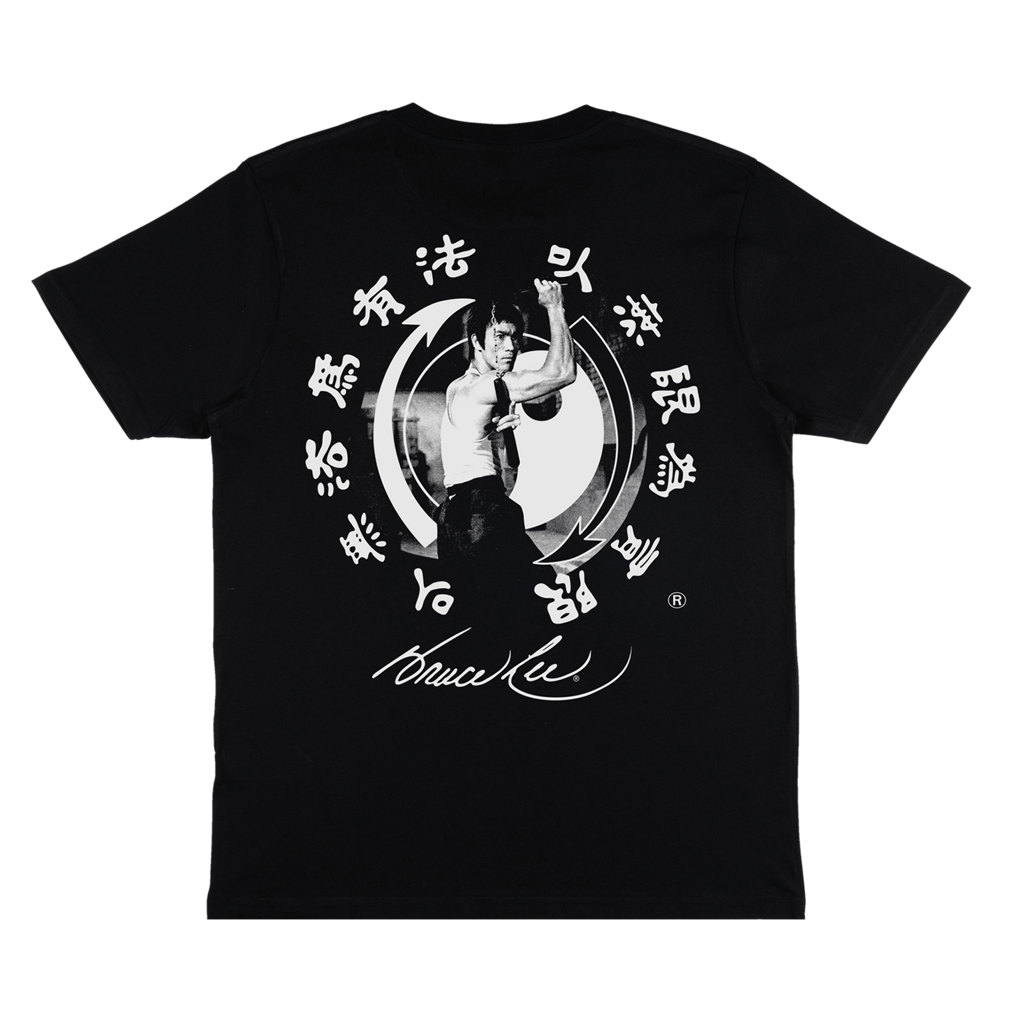 Black Bruce Lee Core Symbol Nunchaku T-Shirt featuring martial arts graphic design