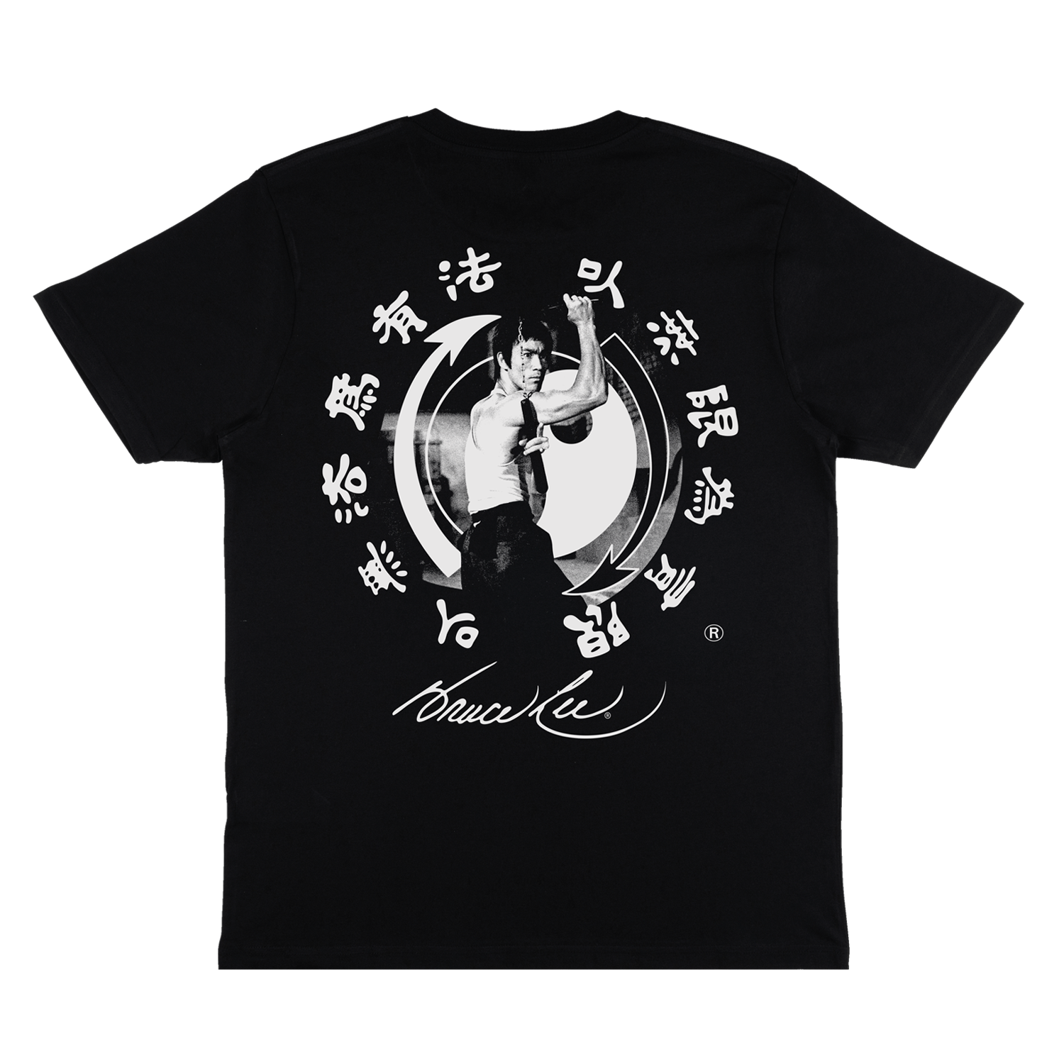 Black Bruce Lee Core Symbol Nunchaku T-Shirt featuring martial arts graphic design