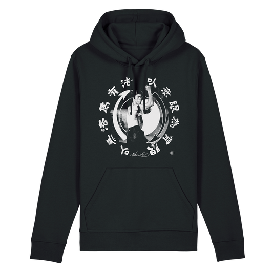 Black Bruce Lee Core Symbol Nunchaku Pullover Hoodie with graphic and hand gesture