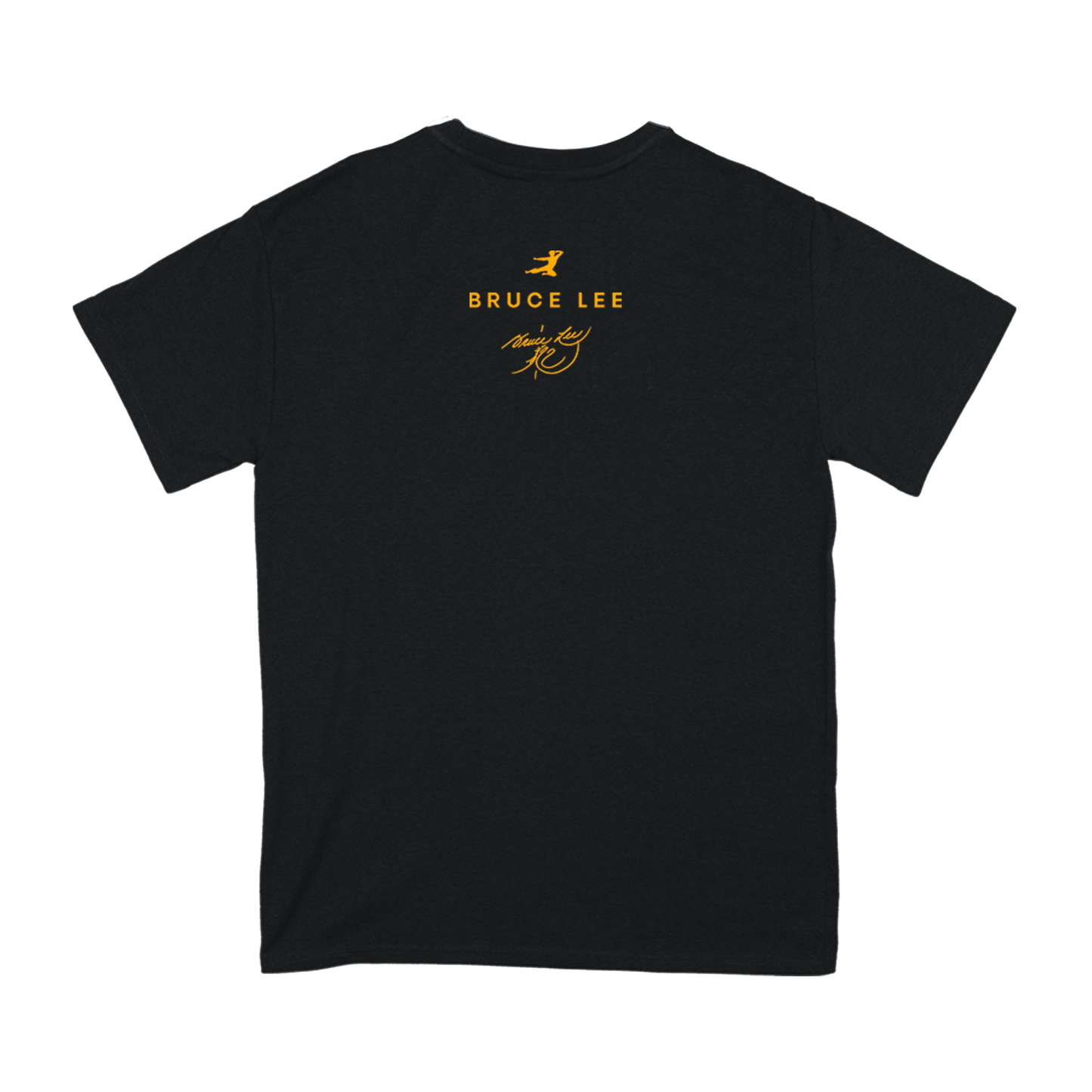 Black Bruce Gold T-Shirt featuring Bruce Lee and a small yellow logo on the back