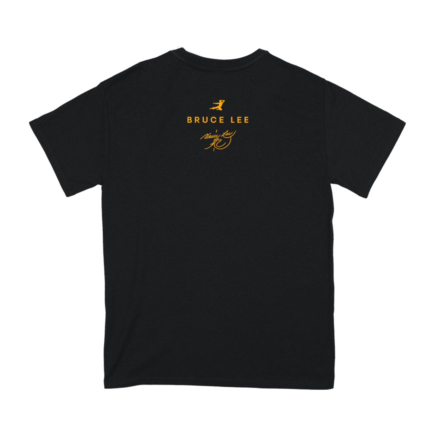 Black Bruce Gold T-Shirt featuring Bruce Lee and a small yellow logo on the back