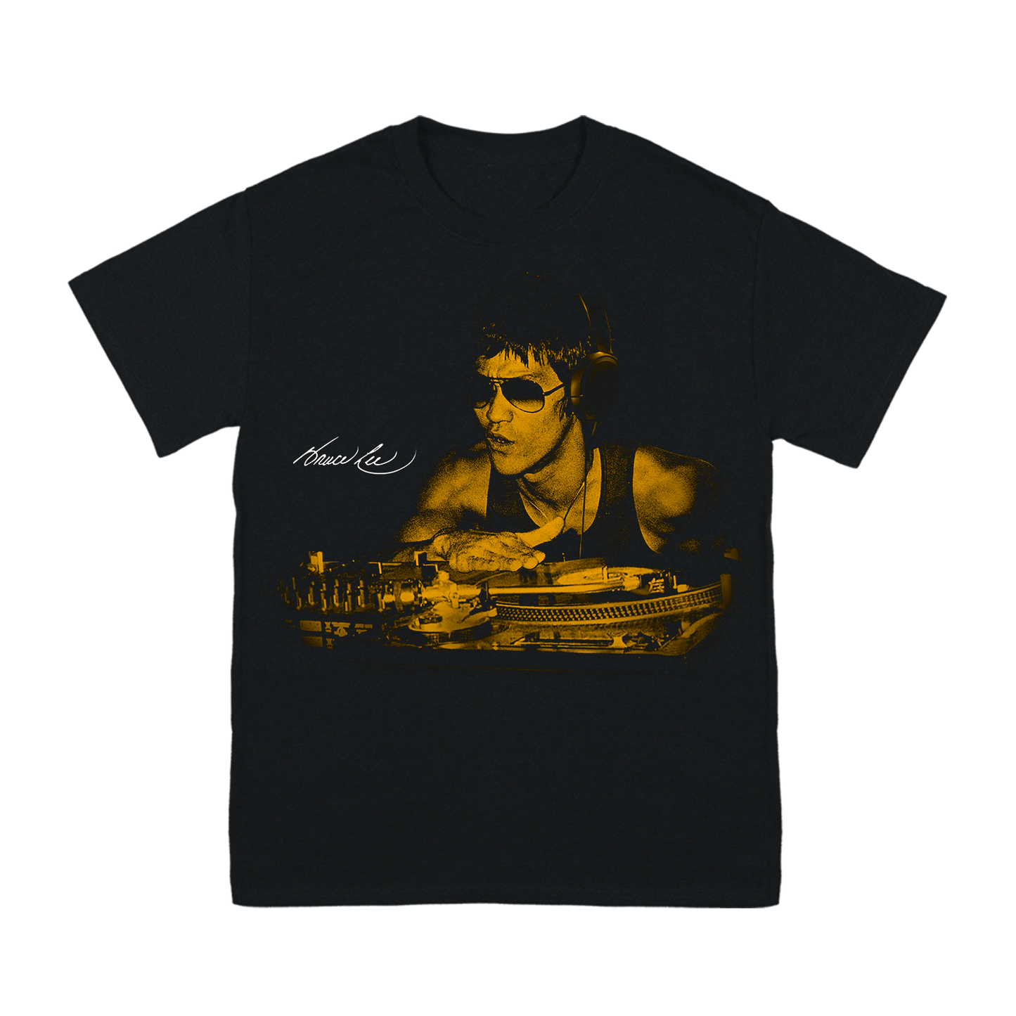 Black Bruce Gold T-Shirt showcasing yellow-tinted portrait and signature design