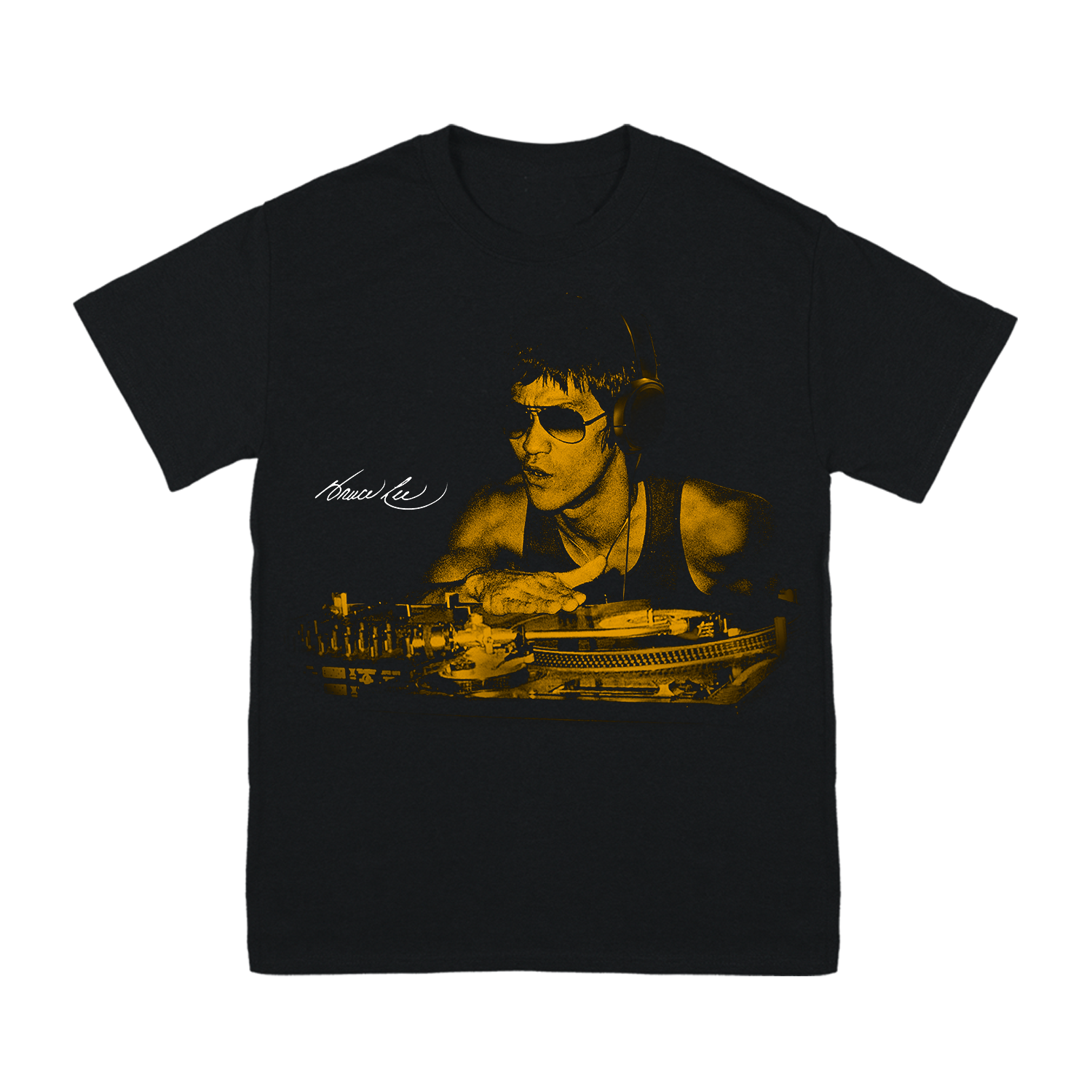 Black Bruce Gold T-Shirt showcasing yellow-tinted portrait and signature design