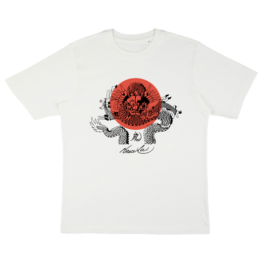 White Loong Dragon Sun T-Shirt featuring a red dragon design and Japanese artwork