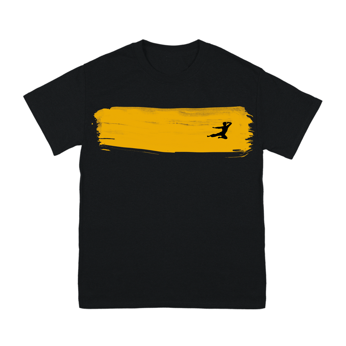 Black Goldenrod Brushtroke T-Shirt with yellow stripe and jumping person silhouette