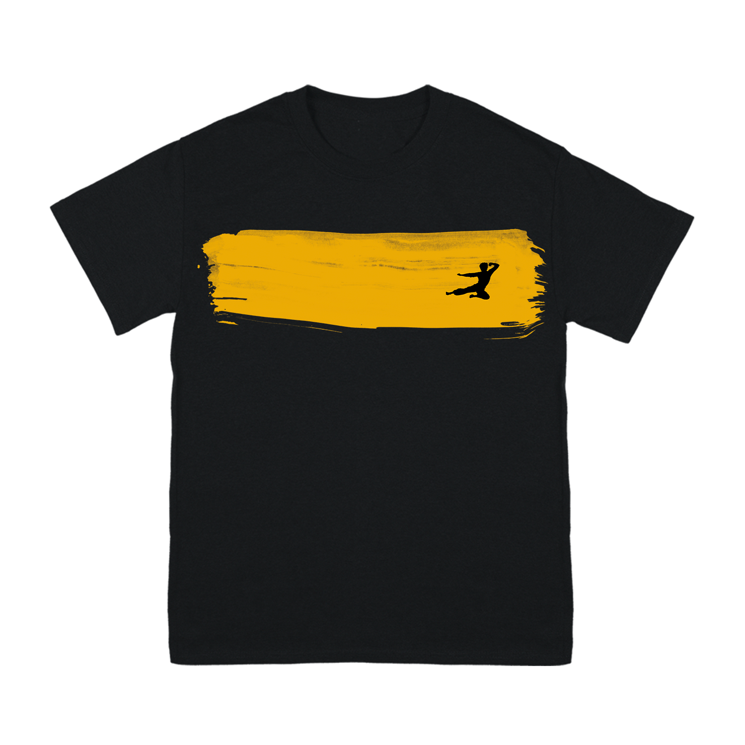 Black Goldenrod Brushtroke T-Shirt with yellow stripe and jumping person silhouette