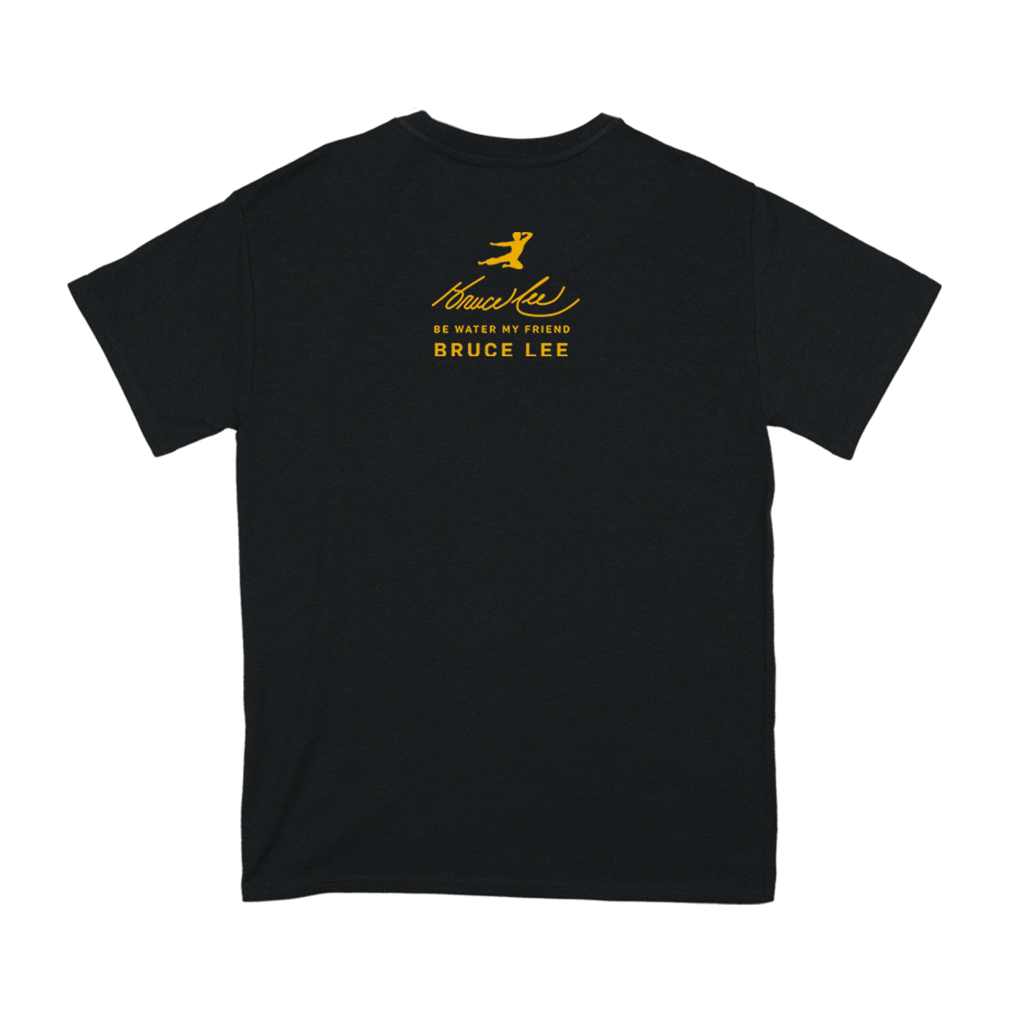 Black Immortality Bruce T-Shirt featuring yellow Bruce Lee logo and text on back