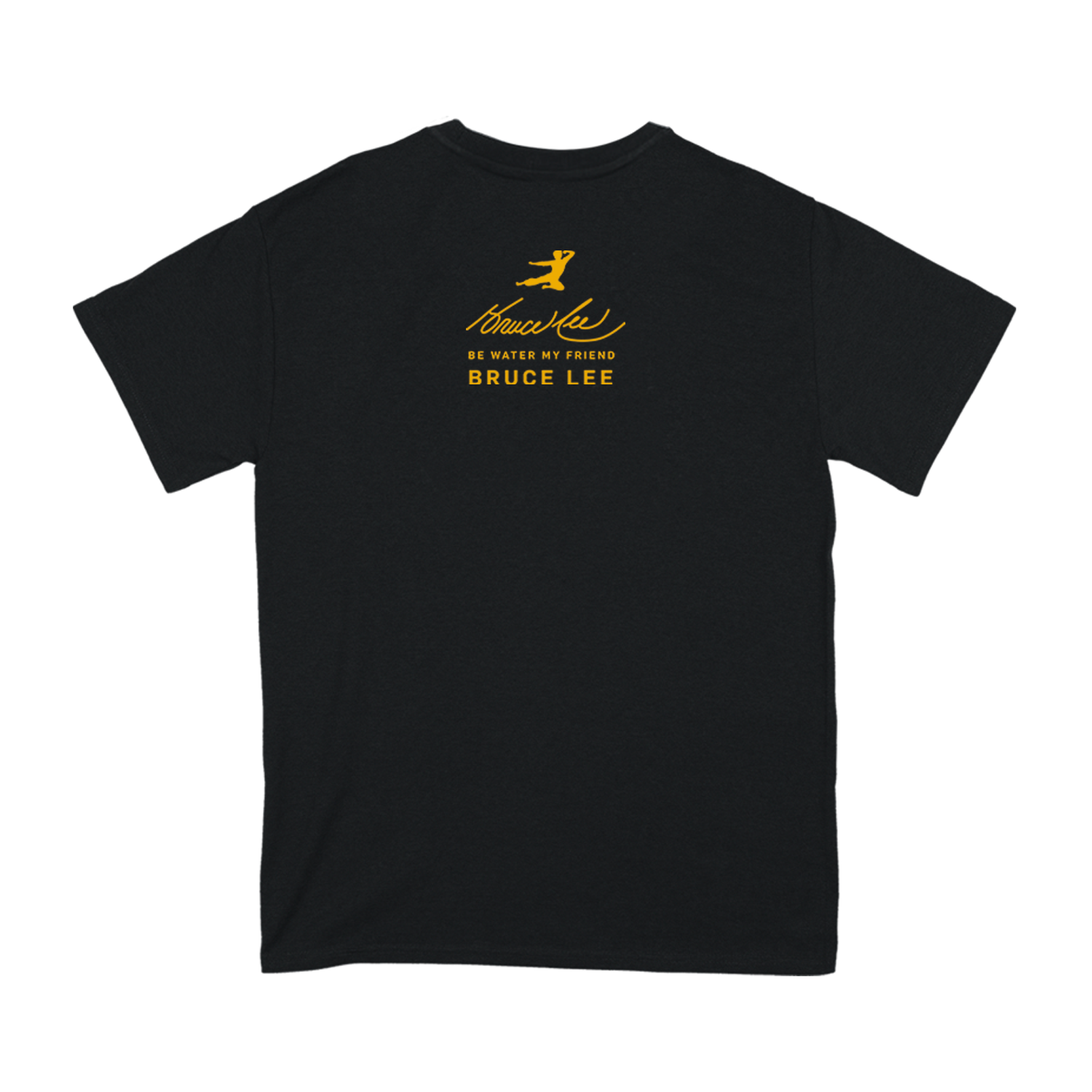 Black Immortality Bruce T-Shirt featuring yellow Bruce Lee logo and text on back