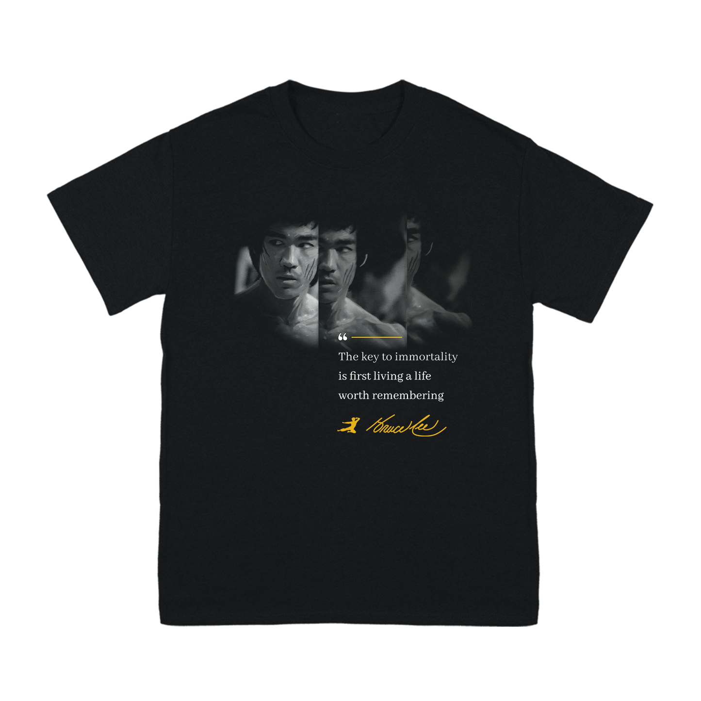 Black Immortality Bruce T-Shirt featuring a Bruce Lee portrait and inspirational quote