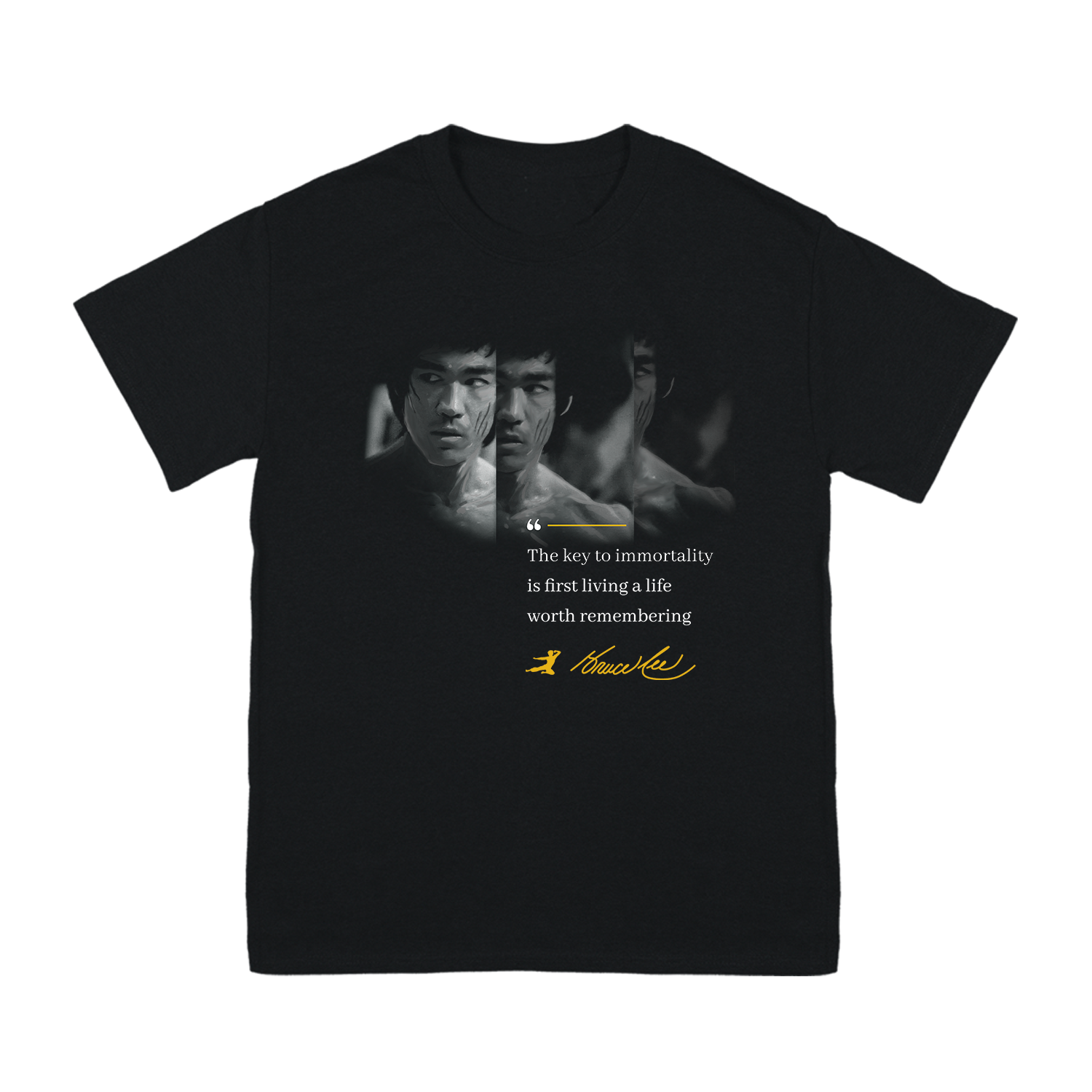 Black Immortality Bruce T-Shirt featuring a Bruce Lee portrait and inspirational quote