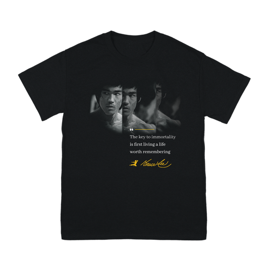 Black Immortality Bruce T-Shirt featuring a Bruce Lee portrait and inspirational quote