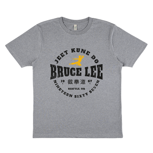 Gray Bruce Lee JKD Round Lockup T-Shirt featuring martial arts-themed design