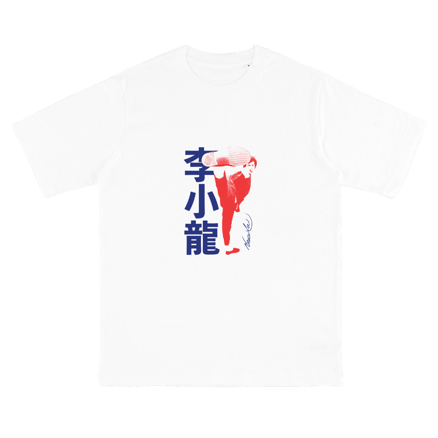 White Bruce Lee Kick Signature T-Shirt with red and blue graphic design featuring Chinese characters