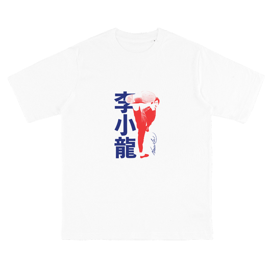 White Bruce Lee Kick Signature T-Shirt with red and blue graphic design featuring Chinese characters