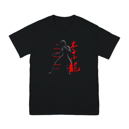 Black organic cotton Little Dragon T-Shirt featuring red and gray Asian-inspired design