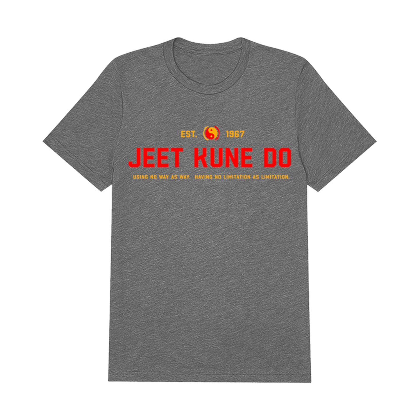 Gray Jun Fan Gong Gym T-Shirt featuring bold red and yellow JEET KUNE DO text