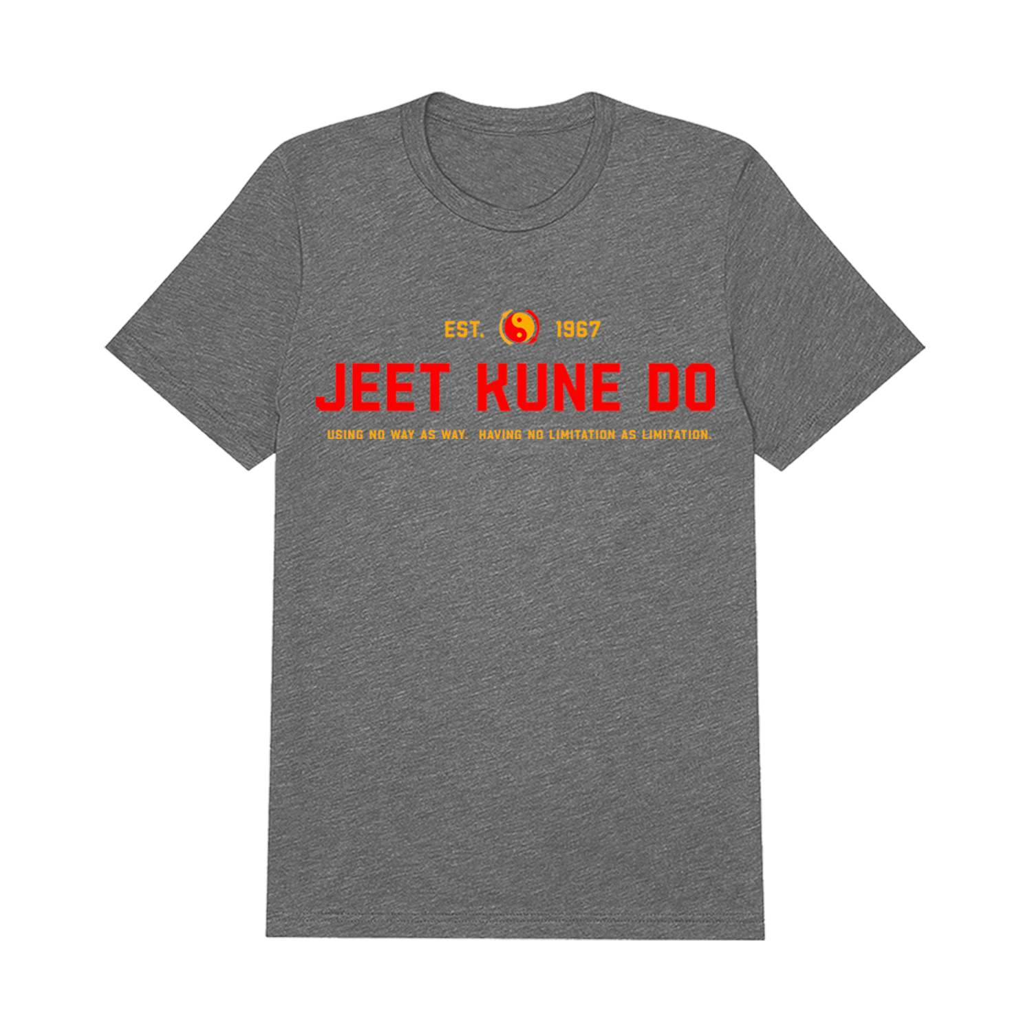 Gray Jun Fan Gong Gym T-Shirt featuring bold red and yellow JEET KUNE DO text