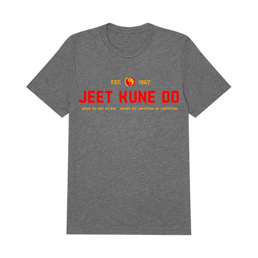 Gray Jun Fan Gong Gym T-Shirt featuring bold red and yellow JEET KUNE DO text