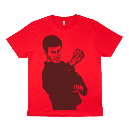 Red Bruce Lee Successful Warrior T-Shirt with dark silhouette in martial arts pose